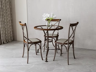 Round Wooden Dining Table With Cross Back Chairs And White Flower Vase In Modern Interior 3d model