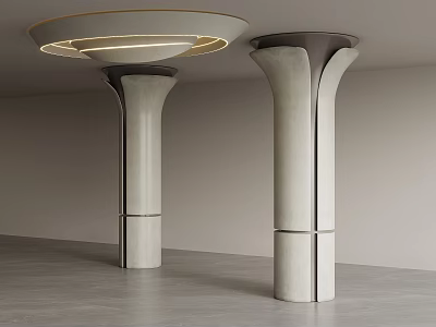 Two Modern Columns In Empty Room With Circular Ceiling Light And Gray Floor 3d model