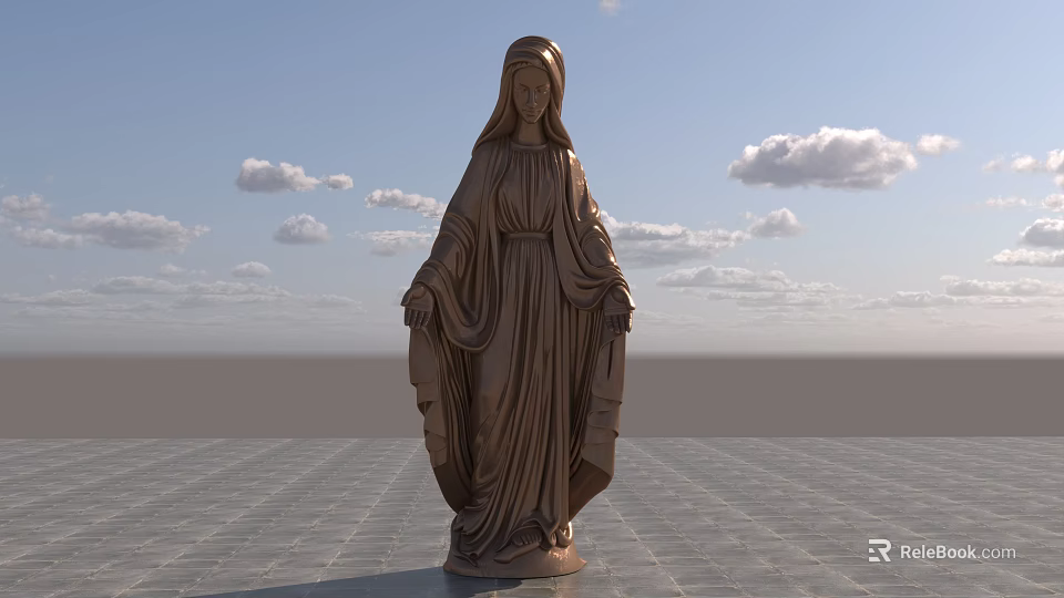 Landscape Sculpture of Virgin Mary Statue Against Blue Sky With Clouds and Stone Paved Ground 3d model 