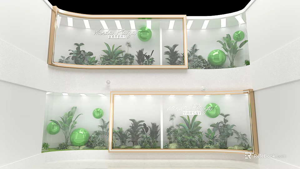 Modern Shop Window Display With Green Plants Spheres And Lighting Decor Elements 3d model 