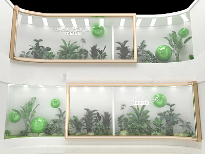 Modern Shop Window Display With Green Plants Spheres And Lighting Decor Elements 3d model
