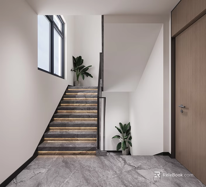 Modern Minimalist Staircase Interior With Lit Steps Plants Window Marble Floor And Wooden Door 3d model 