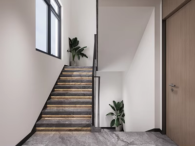 Modern Minimalist Staircase Interior With Lit Steps Plants Window Marble Floor And Wooden Door 3d model