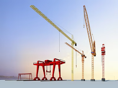 Industrial Construction Equipment Featuring Red Gantry And Yellow Tower Cranes At Outdoor Site 3d model