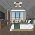Modern Bedroom Interior With Wooden Furniture Green Bedding Window TV And Decorative Painting