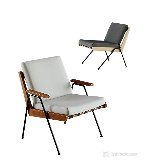 Modern Leisure Chair With Wooden Armrests Metal Legs And Light Dark Fabric 3d model 