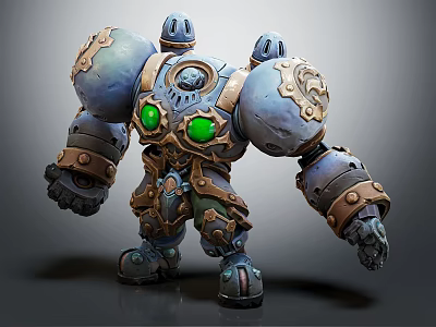 Mechanical Creature Robot With Green Glowing Eyes And Ornate Blue Brown Armor 3d model