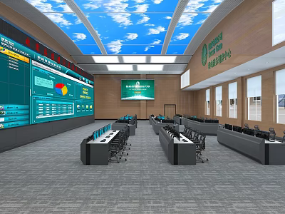 Modern Control Room Interior With Large Monitor Walls Control Desks And Cloud Ceiling Design 3d model