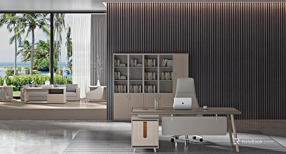 Modern Office Interior With Wooden Desk Leather Chair Striped Wall And Outdoor View 3d model 