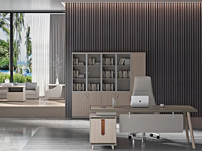 Modern Office Interior With Wooden Desk Leather Chair Striped Wall And Outdoor View 3d model