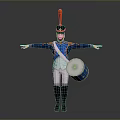 Military Drummer Character in Blue Coat White Pants Red Feathered Hat with Drum Arms Outstretched