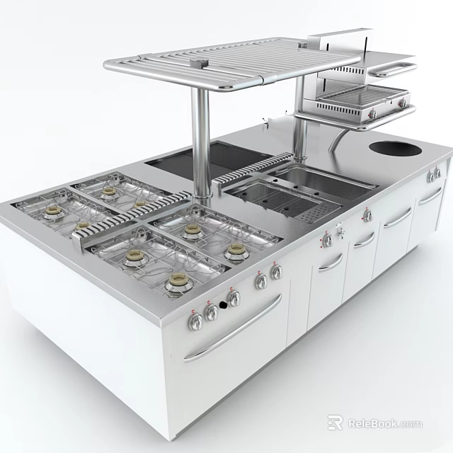 Commercial Kitchen Equipment With Stainless Steel Burners Multiple Shelves And Control Knobs 3d model 