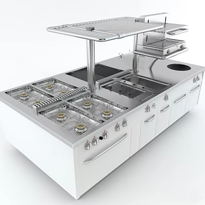 Commercial Kitchen Equipment With Stainless Steel Burners Multiple Shelves And Control Knobs 3d model
