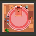Cartoon Room Scene with Pink Striped Walls Blue Framed Windows Desk Computer Bed Pink Rug