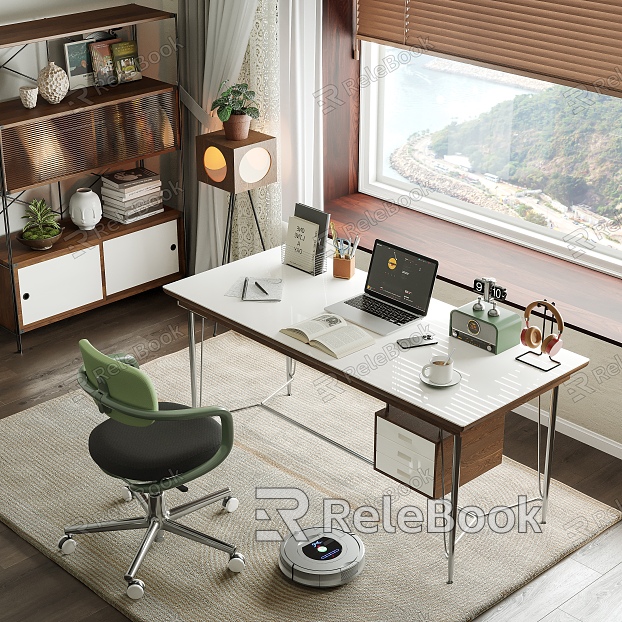 Modern Middle Ancient Style Study Retro Desk and Chair Combination Home Office Desk Leisure Chair Desktop Office Jewelry Bookcase Books Computer Desk Lamp Carpet Potted Plant Combination model