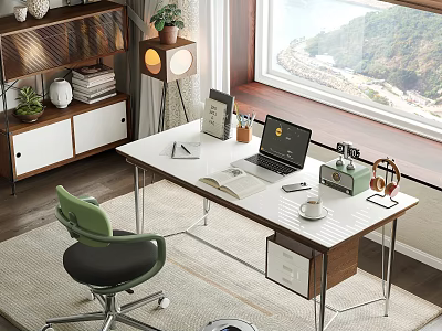 Modern Desk And Green Chair Set With Laptop Open Book Coffee Cup And Window View 3d model
