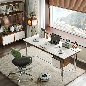 Modern Middle Ancient Style Study Retro Desk and Chair Combination Home Office Desk Leisure Chair Desktop Office Jewelry Bookcase Books Computer Desk Lamp Carpet Potted Plant Combination 3d model