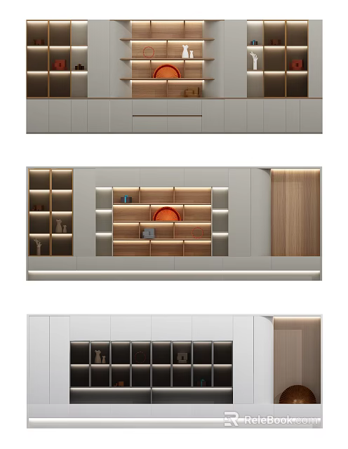 Modern Wooden Bookcase With Glass Doors LED Lighting And Decorative Shelves 3d model 