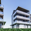 Modern Detached Villa Design With Balconies Green Lawn And Blue Sky