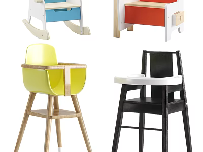 Children's Chairs With Various Styles Including Rocking High Chairs In Yellow Black Blue Red 3d model