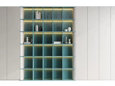 Modern Blue Green Bookcase With Layered Shelves And Built in Lighting 3d model