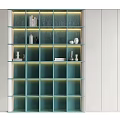 Modern Blue Green Bookcase With Layered Shelves And Built in Lighting