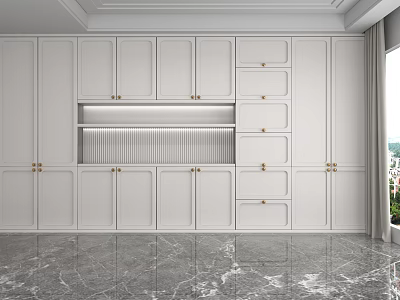 White Modern Showcase Shelves with Cabinet Doors and Drawers in Indoor Marble Floor and Window 3d model