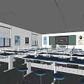 Science Laboratory With Blue Counter Tables Stools Blackboard Wall Posters Windows And Ceiling Lights 3d model