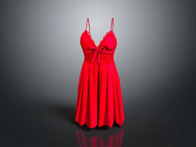 Red Women's Dress With Spaghetti Straps Lace Details Bow Front And Flared Skirt 3d model