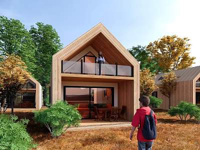 Modern Wooden Cabin With Gabled Roof Balcony And Natural Forest Surroundings 3d model