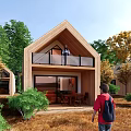 Modern Wooden Cabin With Gabled Roof Balcony And Natural Forest Surroundings