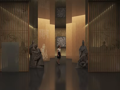 Traditional Chinese Exhibition Hall Interior With Stone Statues And Wooden Lattice Screens 3d model