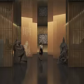 Traditional Chinese Exhibition Hall Interior With Stone Statues And Wooden Lattice Screens