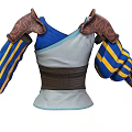 Fantasy Role Costume With Creature Inspired Shoulder Decorations Blue Yellow Striped Sleeves And Brown Corset