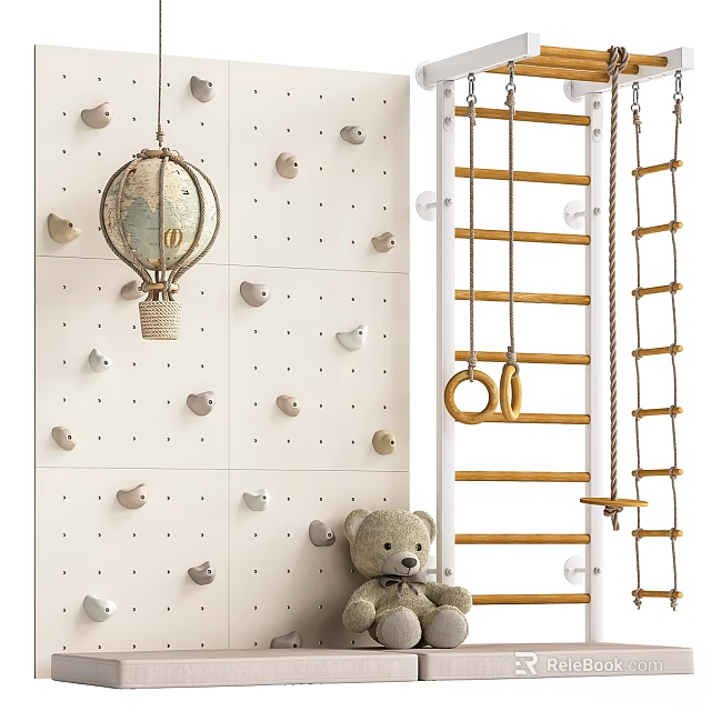 Kids Playroom With Climbing Wall Holds Gymnastic Rings Rope Ladder And Teddy Bear 3d model 