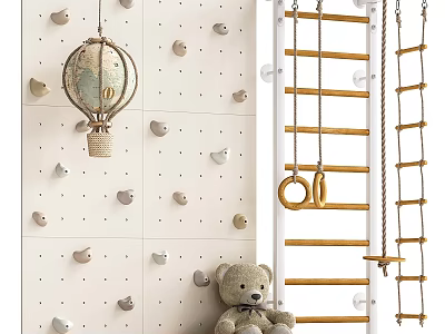 Kids Playroom With Climbing Wall Holds Gymnastic Rings Rope Ladder And Teddy Bear 3d model