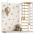 Kids Playroom With Climbing Wall Holds Gymnastic Rings Rope Ladder And Teddy Bear