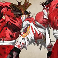 Game Movie Character In Red And White Tattered Outfit With Horned Decorations And Golden Patterns