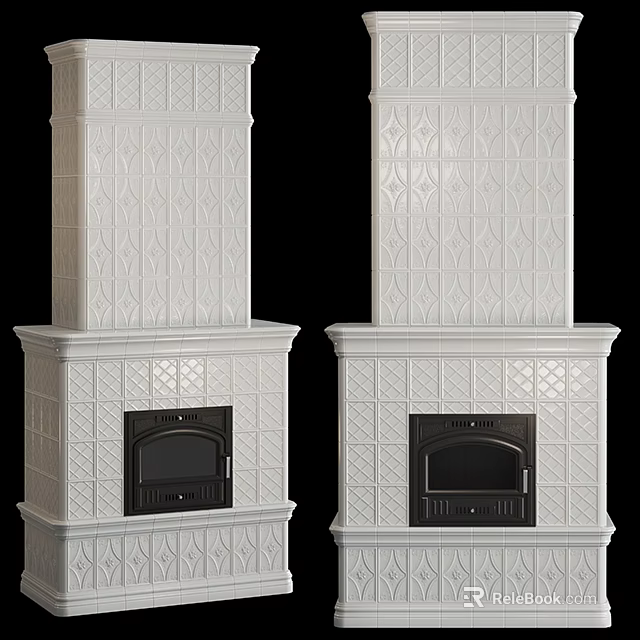 Classic White Tile Fireplace Design With Decorative Patterns And Black Doors 3d model