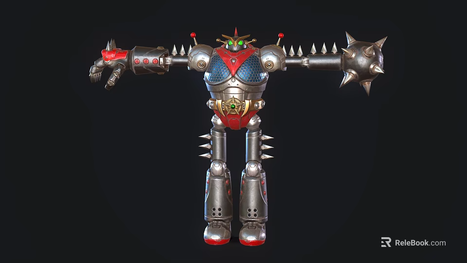Detailed Game and Movie Character Metallic Mechanical Warrior With Red Silver Spikes Design 3d model 