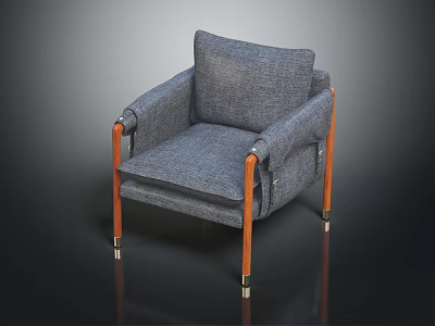Modern Gray Fabric Armchair With Wooden Armrests And Brass Capped Legs 3d model