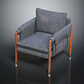 Modern Gray Fabric Armchair With Wooden Armrests And Brass Capped Legs