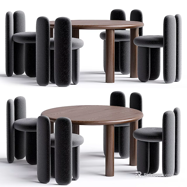 Modern Wooden Dining Table Set With Upholstered Chairs And Round Top 3d model 