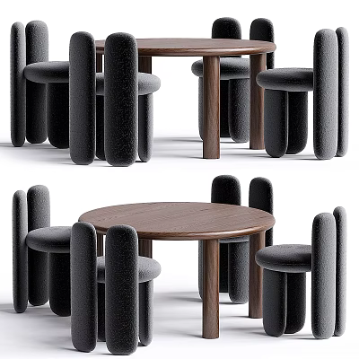 Modern Wooden Dining Table Set With Upholstered Chairs And Round Top 3d model