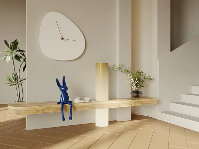 White Irregular Shaped Clock Hanging On Beige Wall With Wooden Bench And Blue Rabbit Decor 3d model