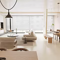 Modern Living And Dining Room Interior With Large Window Blinds Light Sofa Round Coffee Table