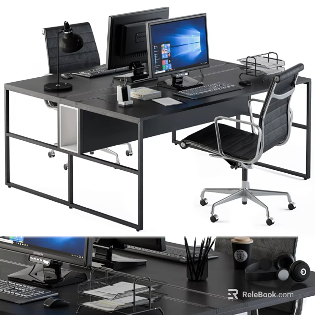 Black Modern Office Desk With Computer Monitor Desk Lamp Office Chair And Organizers 3d model 