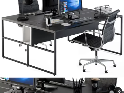 Black Modern Office Desk With Computer Monitor Desk Lamp Office Chair And Organizers 3d model