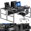 Black Modern Office Desk With Computer Monitor Desk Lamp Office Chair And Organizers