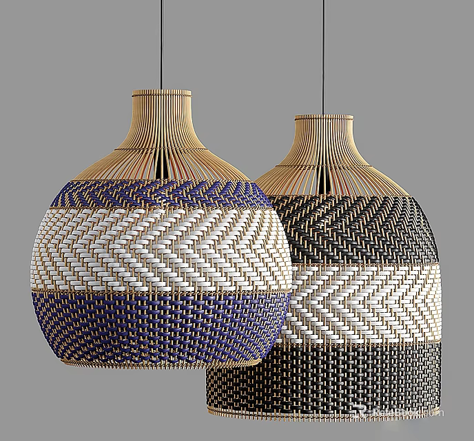Woven Round Chandeliers Featuring Blue White And Black Geometric Patterns 3d model
